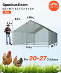 Diagram of Large Metal Chicken Coop With Walk In Run And Spire Roof For Outdoor Backyard Farm Poultry Pen For Ducks And Rabbits Weatherproof Galvanized Steel 19.7 By 9.8 By 6.5 Ft Security Lock with dimensions and capacity for 20-27 chickens.