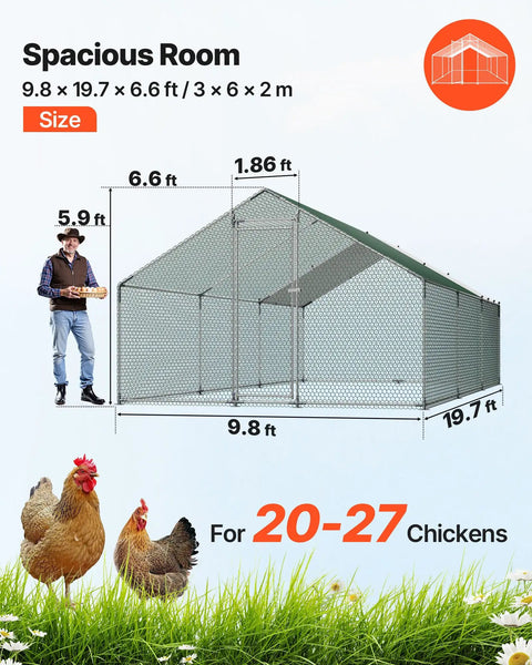 Diagram of Large Metal Chicken Coop With Walk In Run And Spire Roof For Outdoor Backyard Farm Poultry Pen For Ducks And Rabbits Weatherproof Galvanized Steel 19.7 By 9.8 By 6.5 Ft Security Lock with dimensions and capacity for 20-27 chickens.