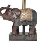 Festive Elephant Table Lamp In Brown With Gold Accent Resin Base And Brown Fabric Shade, detailed elephant design close-up