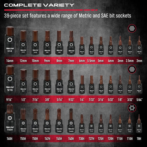 Pro Grade All In One 73 Piece Hex Torx Impact Socket Set With Deep And Shallow Sockets One Half Inch Ratchet Adapters Universal Joint And Extension Bars For SAE And Metric Auto Repairs showing various socket sizes.
