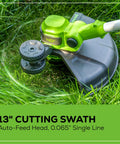 Close-up of 13 inch cutting head on Beast Mode 40V Cordless String Trimmer And Edger, featuring auto-feed design.