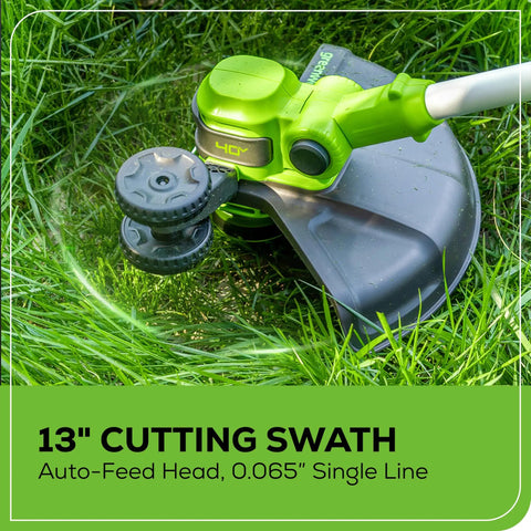 Close-up of 13 inch cutting head on Beast Mode 40V Cordless String Trimmer And Edger, featuring auto-feed design.