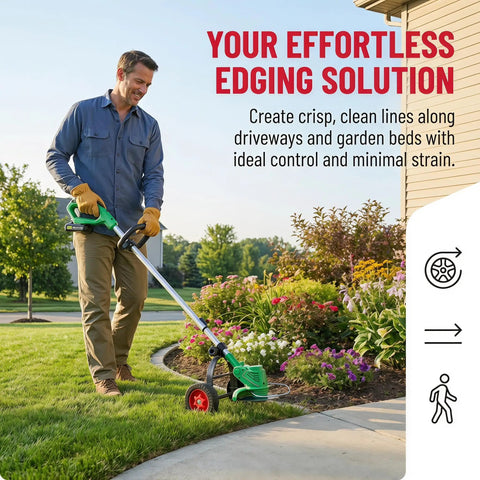 Man using a Universal String Trimmer Wheel Support Attaches To Any Weed Eater Turning It Into A Lawn Edger easily trimming edges.