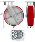 Rock Solid 8X2 Inch Swivel Casters Kingpinless Polyurethane Wheels showing front view and side view with dimensions for heavy duty use.