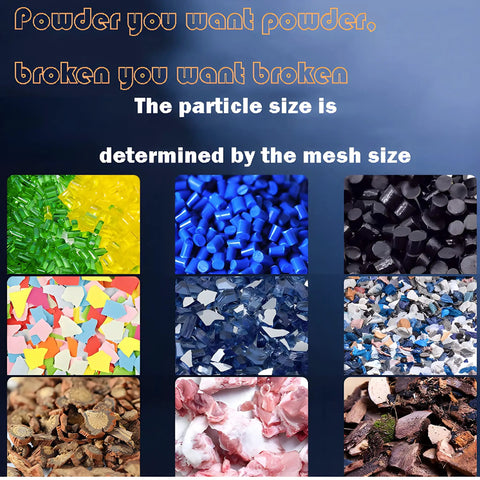 Heavy Duty Plastic Shredder And Crusher 7.5KW Industrial Grinder showcasing particle size variations by mesh size
