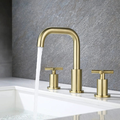 8 Inch Widespread Brushed Gold Bathroom Faucet With Two Handles For 3 Hole Sink Brass Construction With Pop Up Drain Included Tarnish Resistant Finish Easy Clean Modern 3 Hole Deck Mount Design