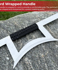 Close-up of Chinese Hook Swords Set For Wushu And Martial Arts Training with cord-wrapped handle and 33 inch alloy blade.