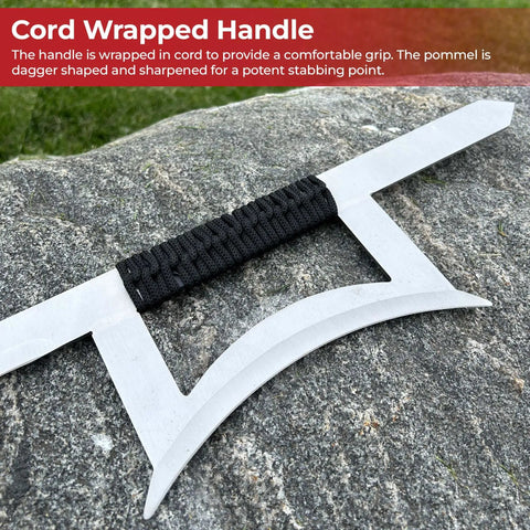 Close-up of Chinese Hook Swords Set For Wushu And Martial Arts Training with cord-wrapped handle and 33 inch alloy blade.