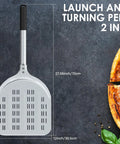 Pizza peel, 12-inch aluminum perforated turning peel with black handle.