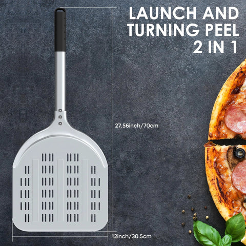 Pizza peel, 12-inch aluminum perforated turning peel with black handle.