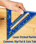 Compact Seven Inch Rafter Square Carpenter Tool For Woodworking And DIY Jobs Featuring Slick Blue Anodized Aluminum Construction in use showing laser-etched markings.