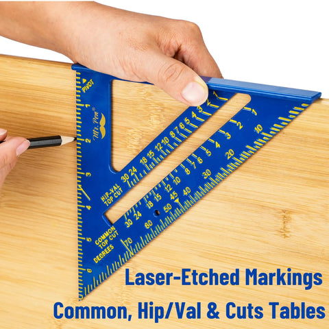 Compact Seven Inch Rafter Square Carpenter Tool For Woodworking And DIY Jobs Featuring Slick Blue Anodized Aluminum Construction in use showing laser-etched markings.
