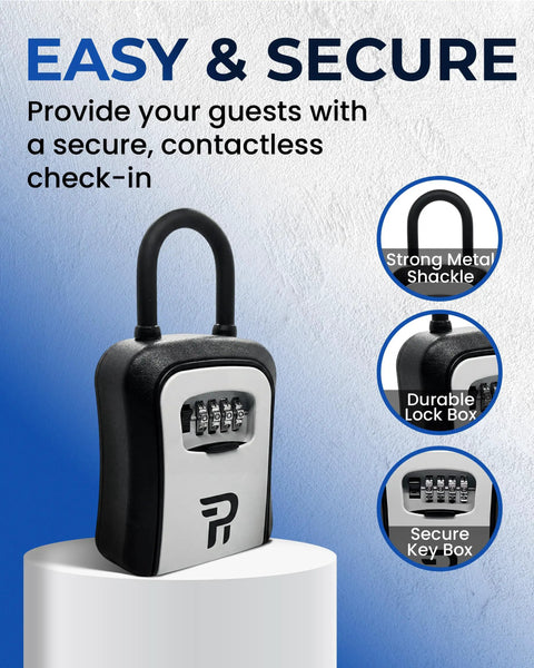 Rugged Outdoor Key Lock Box with 4 Digit Combination for Outside Key Storage, Weatherproof Zinc Alloy Safe Box, shown on pedestal