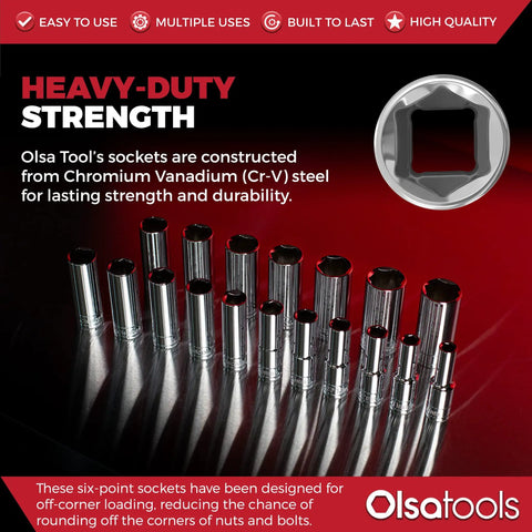 Metric Deep Socket Set One Half Inch Drive 18 Piece 6 Point Chrome Sockets 10mm To 27mm No Skipped Sizes Professional Grade