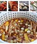 80 Quart Seafood Boiling Kit With Strainer And Basket Outdoor Boil Pot 100000 BTU Propane Burner filled with seafood and sides