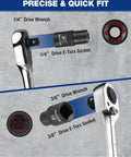 1/4 and 3/8 inch drive E-Torx sockets attached to wrenches, showcasing Premium 11 Piece E Torx Socket Set Fits 1/4 And 3/8 Inch Drives Crafted From Tough Crv Steel With Rust Resistant Black Coating Knurled Grip And Sturdy Pvc Holder Case Built Solid For Mechanics Wanting Relentless Shop Tools That Actually Kick Butt.