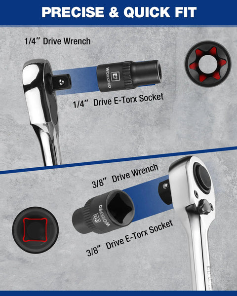1/4 and 3/8 inch drive E-Torx sockets attached to wrenches, showcasing Premium 11 Piece E Torx Socket Set Fits 1/4 And 3/8 Inch Drives Crafted From Tough Crv Steel With Rust Resistant Black Coating Knurled Grip And Sturdy Pvc Holder Case Built Solid For Mechanics Wanting Relentless Shop Tools That Actually Kick Butt.