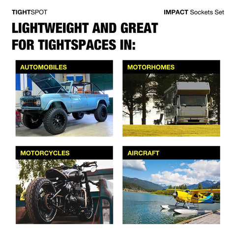 Collage showing Go-To 53-Piece 1/4 Inch Drive Impact Socket Set With SAE And Metric Sizes used in automobiles, motorhomes, motorcycles, aircraft.