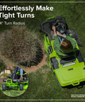 80V 30 Inch Cordless Riding Lawn Tractor With Four 6Ah Batteries And 600W Charger Delivers Gas Like Torque With Zero Emissions For Quiet Low Maintenance Yard Work On Medium Lawns, top view making tight turns