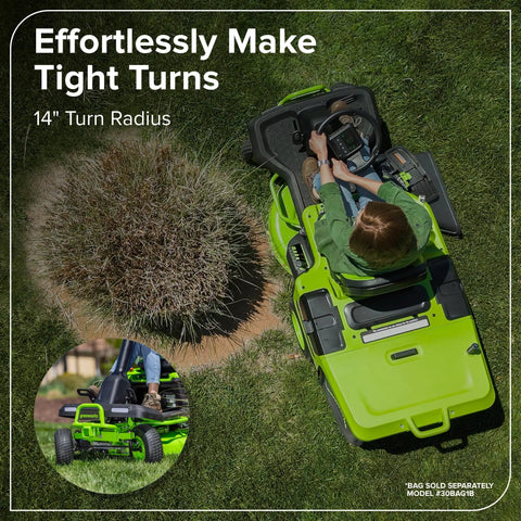 80V 30 Inch Cordless Riding Lawn Tractor With Four 6Ah Batteries And 600W Charger Delivers Gas Like Torque With Zero Emissions For Quiet Low Maintenance Yard Work On Medium Lawns, top view making tight turns