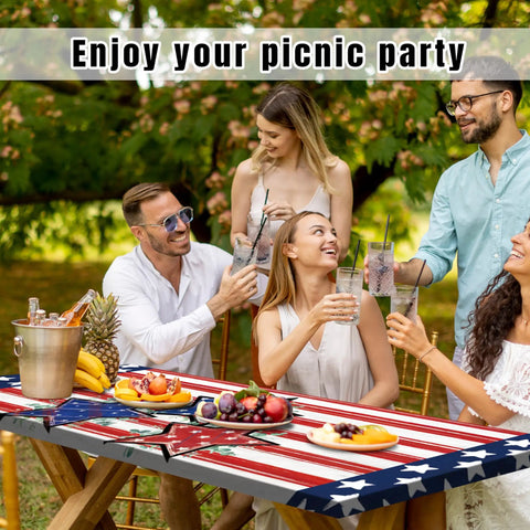 Group enjoying a picnic with Flag Inspired Picnic Table Cover With Bench Covers, Waterproof Elastic Fitted Tablecloth in outdoor setting