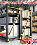Beefy 8000 Lbs Capacity Garage Shelving System, 77 Inch Wide Heavy Duty Industrial Shelves, 2000 Lbs Per Shelf, Built Tough With Crossbeams And Steel Mesh For Maximum Load And Ultra Organized Space, black steel rack with side reinforcement