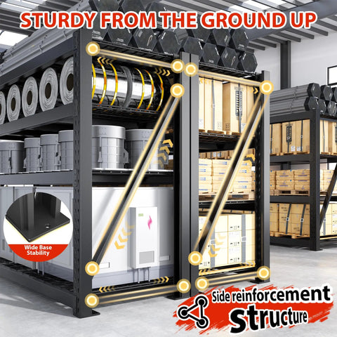 Beefy 8000 Lbs Capacity Garage Shelving System, 77 Inch Wide Heavy Duty Industrial Shelves, 2000 Lbs Per Shelf, Built Tough With Crossbeams And Steel Mesh For Maximum Load And Ultra Organized Space, black steel rack with side reinforcement