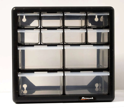 Front view of 12-Drawer Parts Organizer In Black With Clear View Drawers, Wall Mountable for storing small hardware and tools
