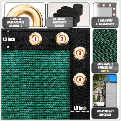 6 Ft By 50 Ft Green Fence Privacy Screen Windscreen Cover Fabric showing brass grommets, reinforced binding, and HDPE material