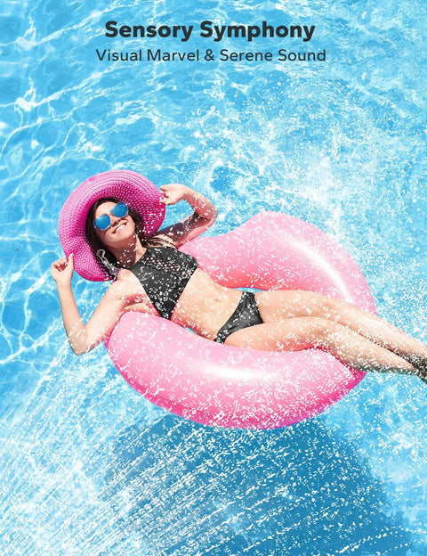 Woman in sunglasses and pink hat floating in pool on a pink inflatable ring
