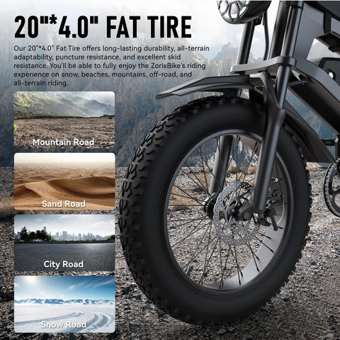 Close-up of a 20x4 inch fat tire showcasing the Fat Tire Electric Bike For Adults with 48V 20Ah Battery on varied terrain.
