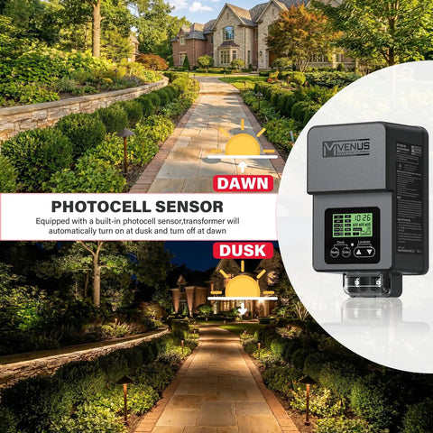 Outdoor Low Voltage Transformer 300W With Astronomical Timer And Built In Photo Sensor For Landscape Lighting, garden view.