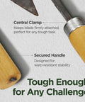 Components of the Pro Grade Hand Hoe Garden Tool For Weeding Digging And Planting With Forged Steel Blade And Chestnut And Acacia Wood Handle
