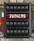 Beefy Heavy-Duty Metal Shelving Unit with tires stacked on shelves displaying 2000 lbs weight capacity, ideal for garage organization.