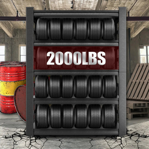 Beefy Heavy-Duty Metal Shelving Unit with tires stacked on shelves displaying 2000 lbs weight capacity, ideal for garage organization.