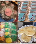 Assorted cookies in self sealing 4x6 cellophane bags, perfect for party favors or gifts, featuring vibrant designs and clear wrapping.