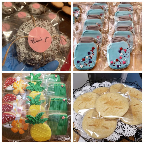 Assorted cookies in self sealing 4x6 cellophane bags, perfect for party favors or gifts, featuring vibrant designs and clear wrapping.