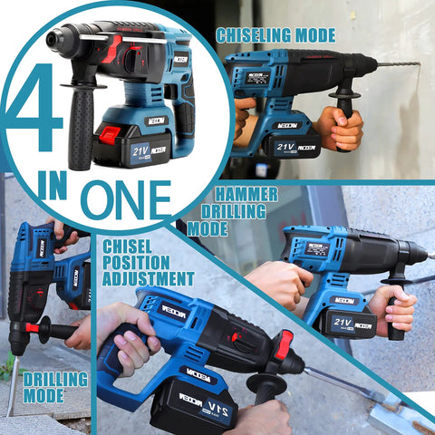 Built Tough Pro Grade Rotary Hammer Drill With 4 Modes and Variable Speed, various operational modes showcased