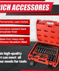 64 Piece 3/8 Inch Socket Set With 72-Tooth Ratchet in red case, includes metric and SAE sockets, extension bars, Cr-V steel