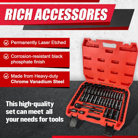 64 Piece 3/8 Inch Socket Set With 72-Tooth Ratchet in red case, includes metric and SAE sockets, extension bars, Cr-V steel