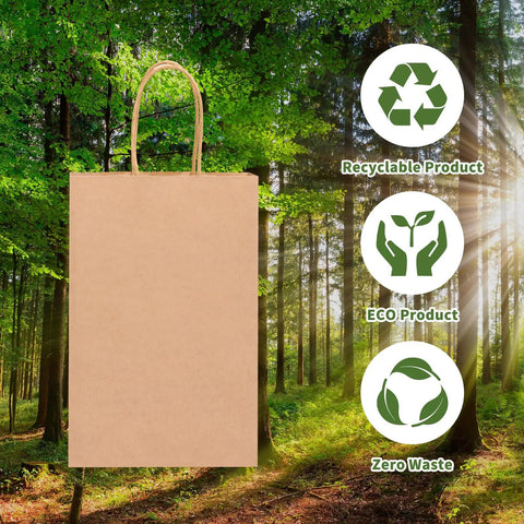 60 Pack Small Brown Kraft Gift Bags With Handles 5.25 x 3.2 x 8 Inches Bulk in forest with eco symbols
