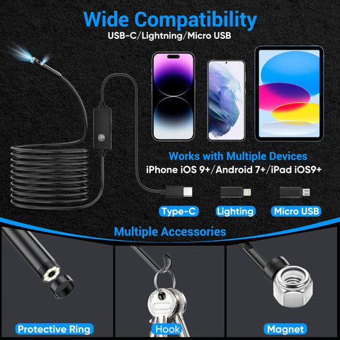 High Definition Dual Lens Endoscope Cam With Light For Tight Spaces showing wide compatibility with USB connections