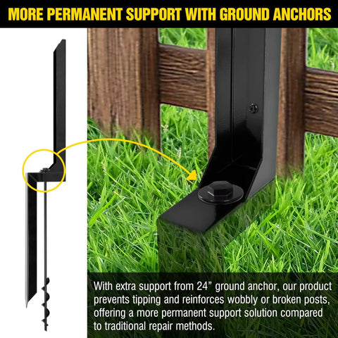 Heavy Duty Steel Fence Post Repair Stakes With Ground Anchors For Fixing Tilted Or Broken Wood Fence Posts H Shaped Beefed Up Ground Spike System Screw In Anchors Black Set Of 4, shown securing wooden post on grass.