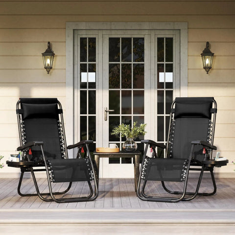 Zero Gravity Outdoor Recliners Set Of 2, Adjustable Folding Lounge Chairs with Pillows and Cup Holder Trays on a Deck