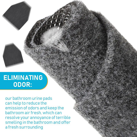 Gray urinal mat roll with text highlighting odor control features for Six Pack Urinal Mats For Men Grippy Non Slip Floor Pads