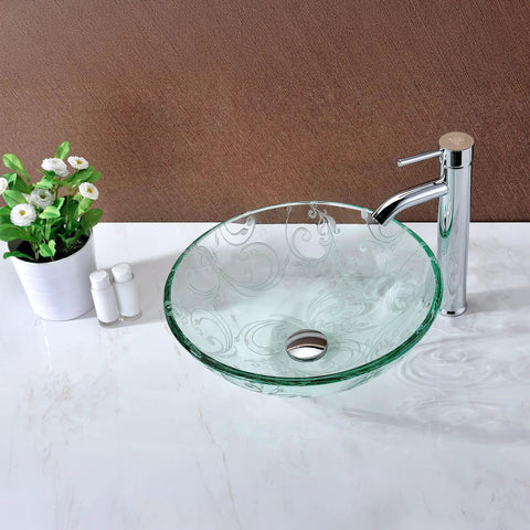 Vieno Series Vessel Sink With Pop Up Drain In Crystal Clear Floral Finish on marble bathroom counter
