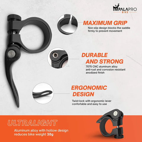 Ultralight Quick Release Seatpost Clamp 34.9 mm For Bikes CNC 7075 Aluminum Anti Rust Anodized Black Finish shown with features