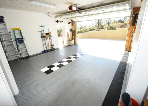 Interlocking Garage Floor Tiles Diamond Pattern Non Slip Heavy Duty Copolymer 12X12 Inch Modular Tiles 48 Pack Black in garage