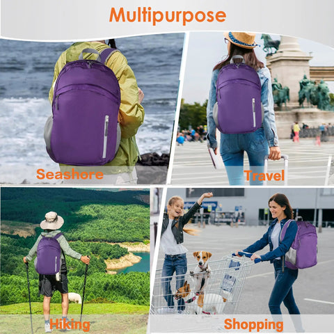 People using Foldable Daypack 35L Lightweight Outdoor Backpack For Beach Trips And Travel, in various outdoor settings, Durable Purple.