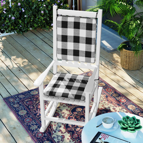 Comfy Porch Rocking Chair Cushions Set For Indoor And Outdoor Use With Secure Ties Easy To Clean 20 By 17 By 2 Inches Jurby Black White Assembled In The USA on a white rocking chair on a wooden deck.